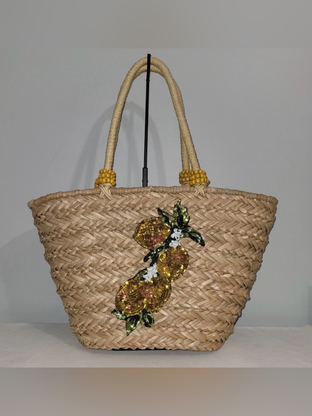 C Est 1946 Lemon Sequin Seagrass Straw Raffia Tote Shoulder Bag Zip Top